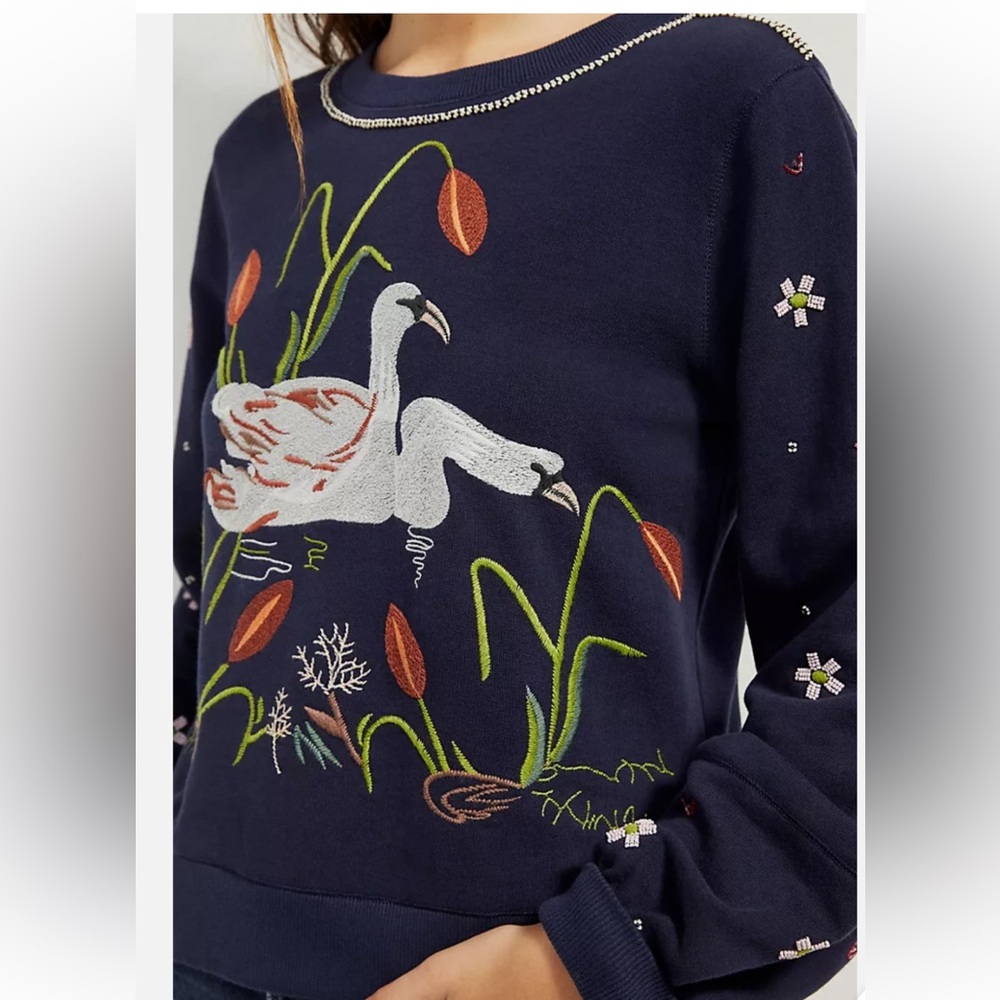 Anthropologie Maeve Swan Embroidered Sweatshirt